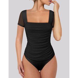 Chunpin Women's Square Neck Mesh Short Sleeve Thong Slimming Bodysuit Sz L Black